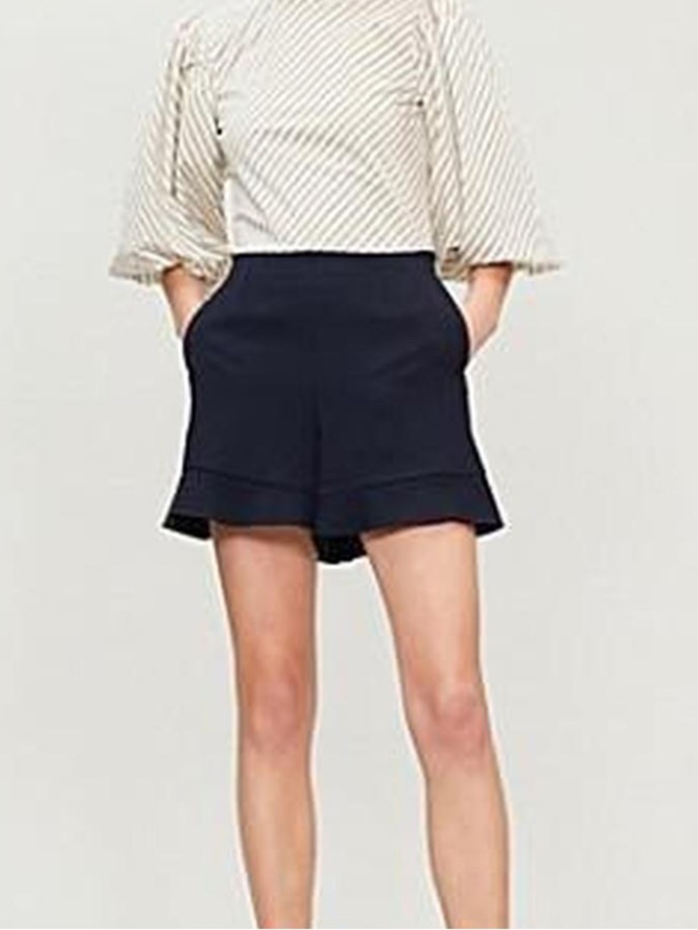 Maje Navy Blue High-Waist Ruffle Hem Shorts